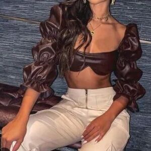 Yes Style size small cropped faux leather brown top puff sleeve PTP 14